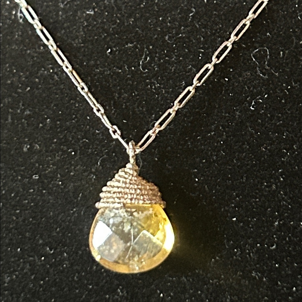 Citrine teardrop pendant necklace gold wire wrapped stone
